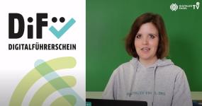 Links: DiFü-Logo, rechts: Digitalexpertin Theresa Kuper mit Laptop vor grünem Hintergrund