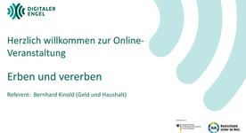 Foto von der Begr&uuml;&szlig;ungsfolie mit dem Text: Herzlich Willkommen zur Online-Veranstaltung Erben und Vererben