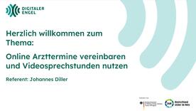 Bildschirmfoto von der ersten Folie mit dem Text :"Herzlich willkommen zum Thema: Online-Arzttermine vereinbaren und Videosprechstunden nutzen"