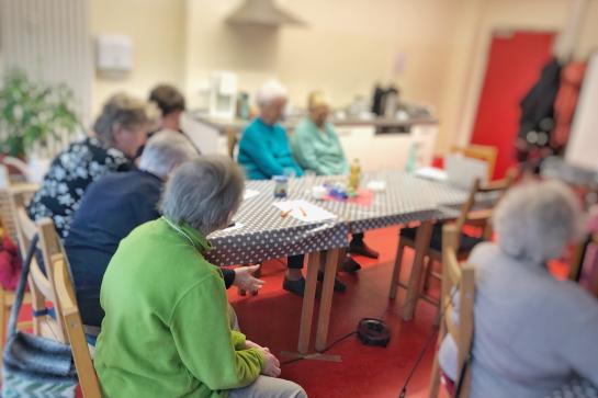 Eine Seniorengruppe sitzt am Tisch und hört einem Vortrag zu