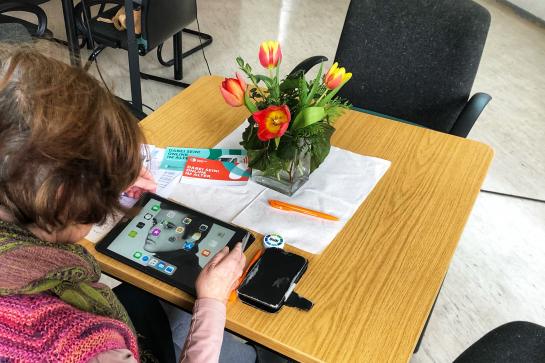 Eine Seniorin sitzt am Tisch mit einem iPad in der Hand