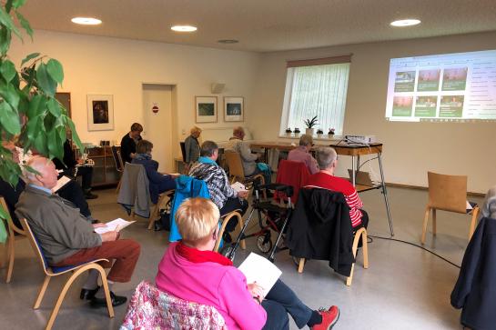 Senioren sitzen im Raum und schauen auf Leinwand