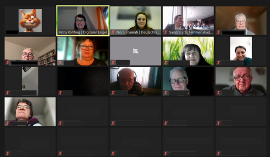 Screenshot der Online-Veranstaltung auf der Plattform Zoom. 16 Videos sind angeschaltet. Weitere neun Kacheln sind schwarz. Die Namen sind geschwärzt.