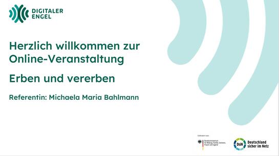 Die erste Folie der Präsentation mit der Unterschrift" Herzlich willkommen zur Online-Veranstaltung Erben und vererben" ist abgebildet.