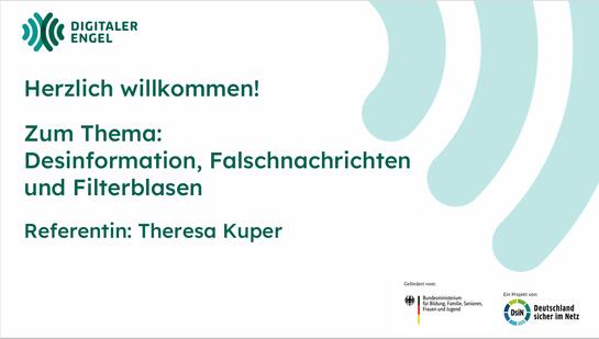 Die Titelfolie der Pr&auml;sentation zum Thema Desinformation, Falschnachrichten und Filterblasen