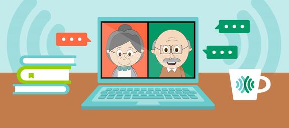 Grafik von Laptop mit Menschen auf dem Bildschirm und Sprechblase