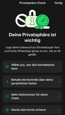 Screenshot WhatsApp: Anzeige des sogenannten "Datenschutz-Checks", den man bei WhatsApp durchf&uuml;hren kann.