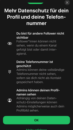 Screenhot WhatsApp: Info Datenschutz f&uuml;r Profil  und Telefonnummer in WhatsApp-Kan&auml;len